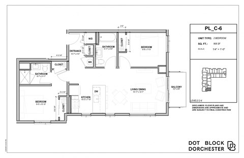 Floor plan for 2 beds, 2 baths, 908 sqft